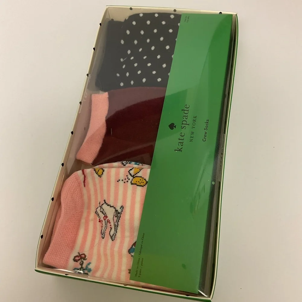 KATE SPADE 3 PAIR PACK COTTON BLEND CREW SOCKS MULTI PATTERN OS NWT